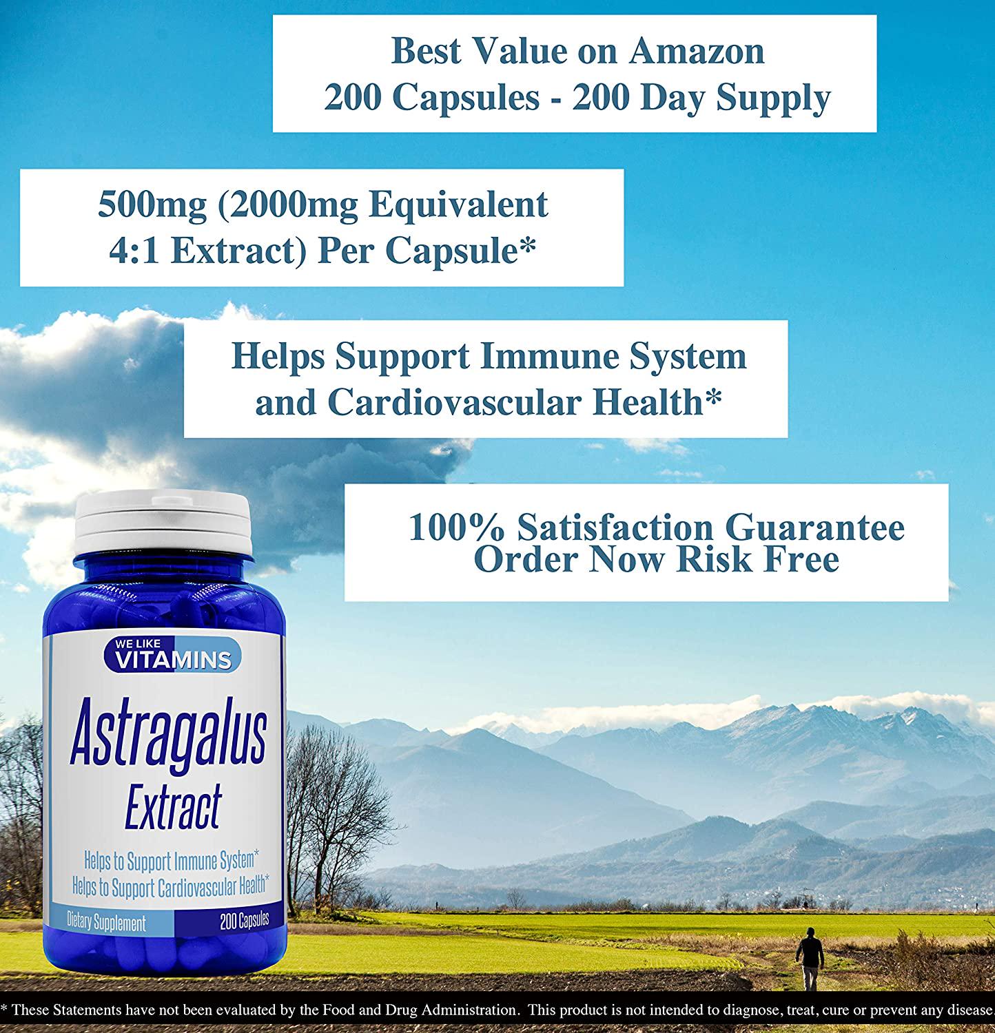 Astragalus 2000mg Equivalent 4:1 Extract - 200 Capsules - Astragalus Supplement - Helps Support Strong Immune Function and Cardiovascular System Astragalus Root Extract