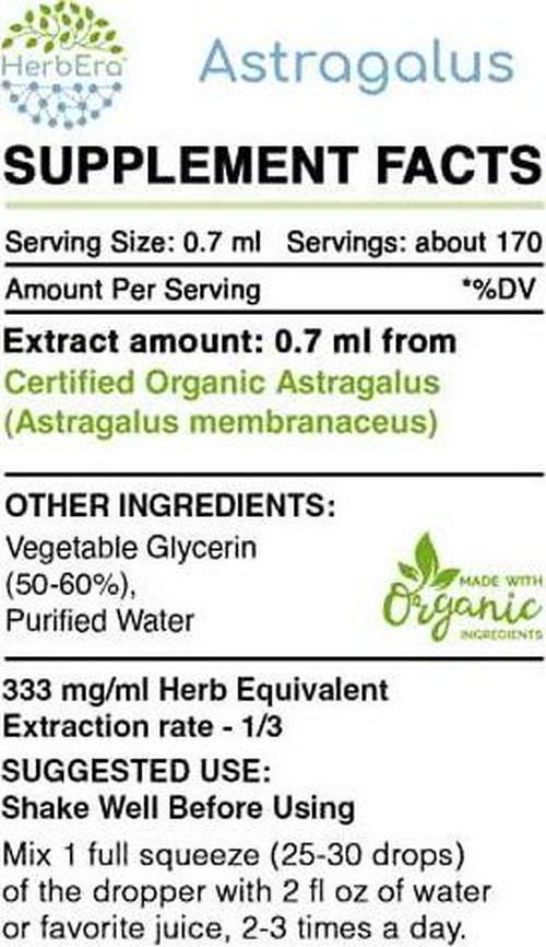 Astragalus B120 Alcohol-Free Herbal Extract Tincture, Super-Concentrated Organic Astragalus (Astragalus membranaceus) (4 fl oz)