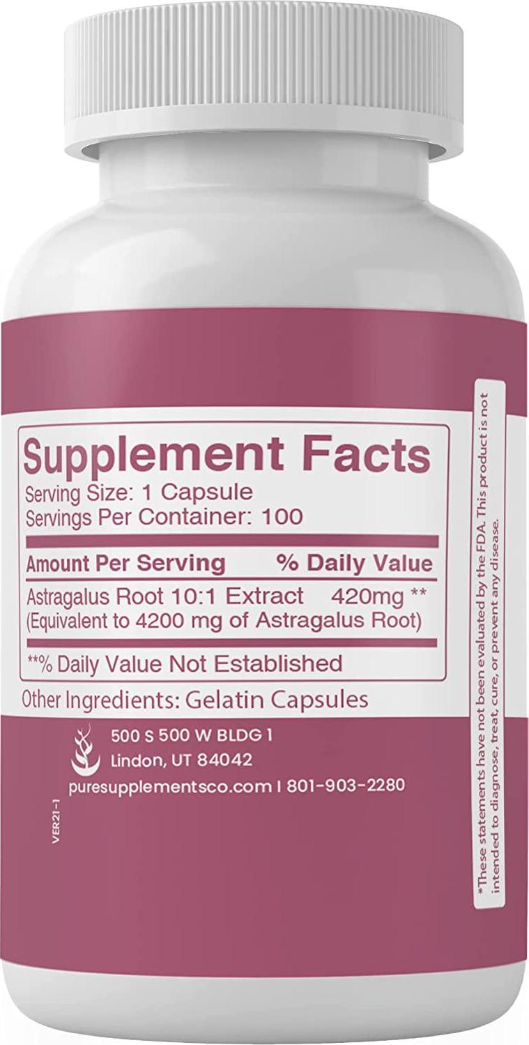 Astragalus Extract, 100 Capsules, 420 mg Serving, 100% Pure and Natural, No Filler, Non-GMO, Made in USA, Cardiovascular and Immunity Support, Lab-Tested Potency by Pure Organic Ingredients