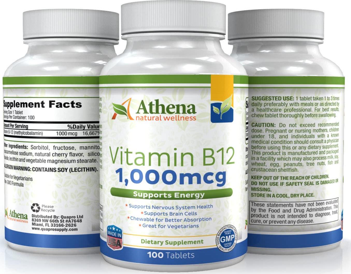Athena - Vitamin B12 1,000mcg Chewable Tablets Supplement - Methylcobalamin - Cherry Flavor - High Potency- Suitable for Vegetarians - 100 Tablets
