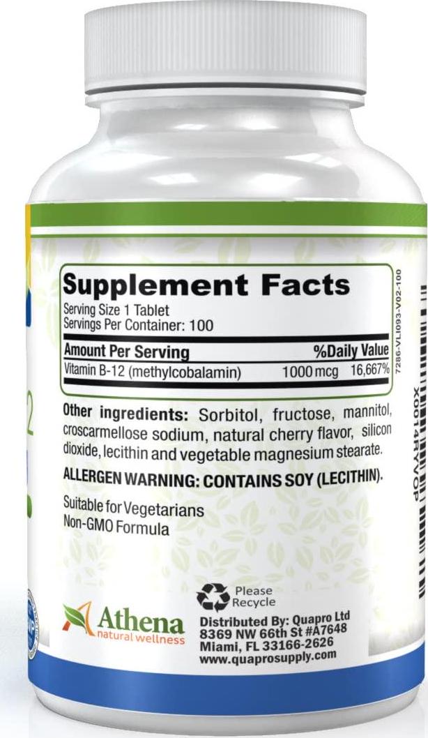Athena - Vitamin B12 1,000mcg Chewable Tablets Supplement - Methylcobalamin - Cherry Flavor - High Potency- Suitable for Vegetarians - 100 Tablets