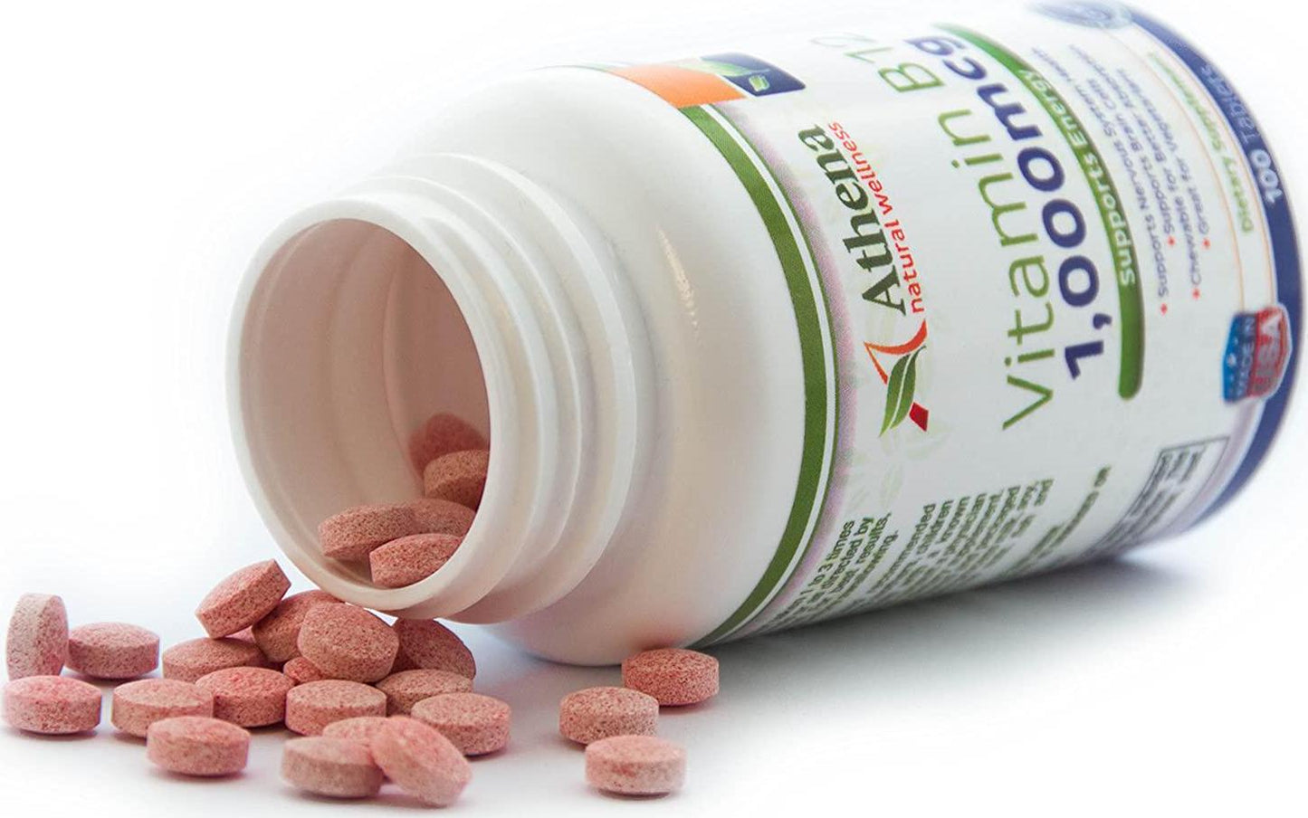 Athena - Vitamin B12 1,000mcg Chewable Tablets Supplement - Methylcobalamin - Cherry Flavor - High Potency- Suitable for Vegetarians - 100 Tablets