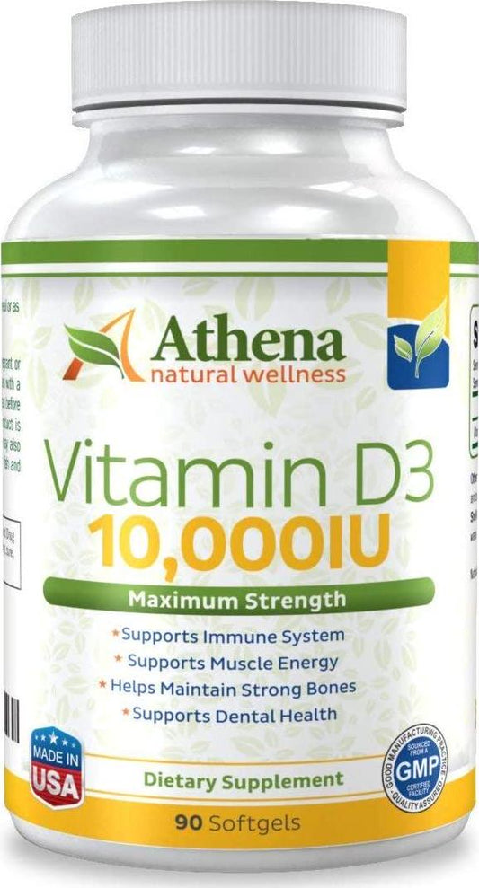 Athena - Vitamin D3 10,000IU High Strength - 90 Softgels Capsules - Supports Immune System, Muscle Energy, Strong Bones and Healthy Dental