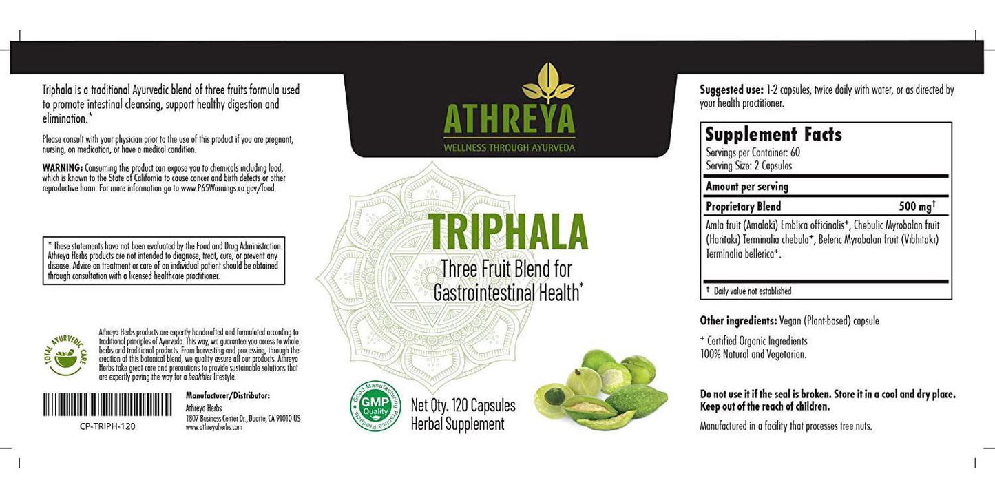 Athreya Herbs Triphala Capsules Herb Blend Helps Promote Gastrointestinal Health