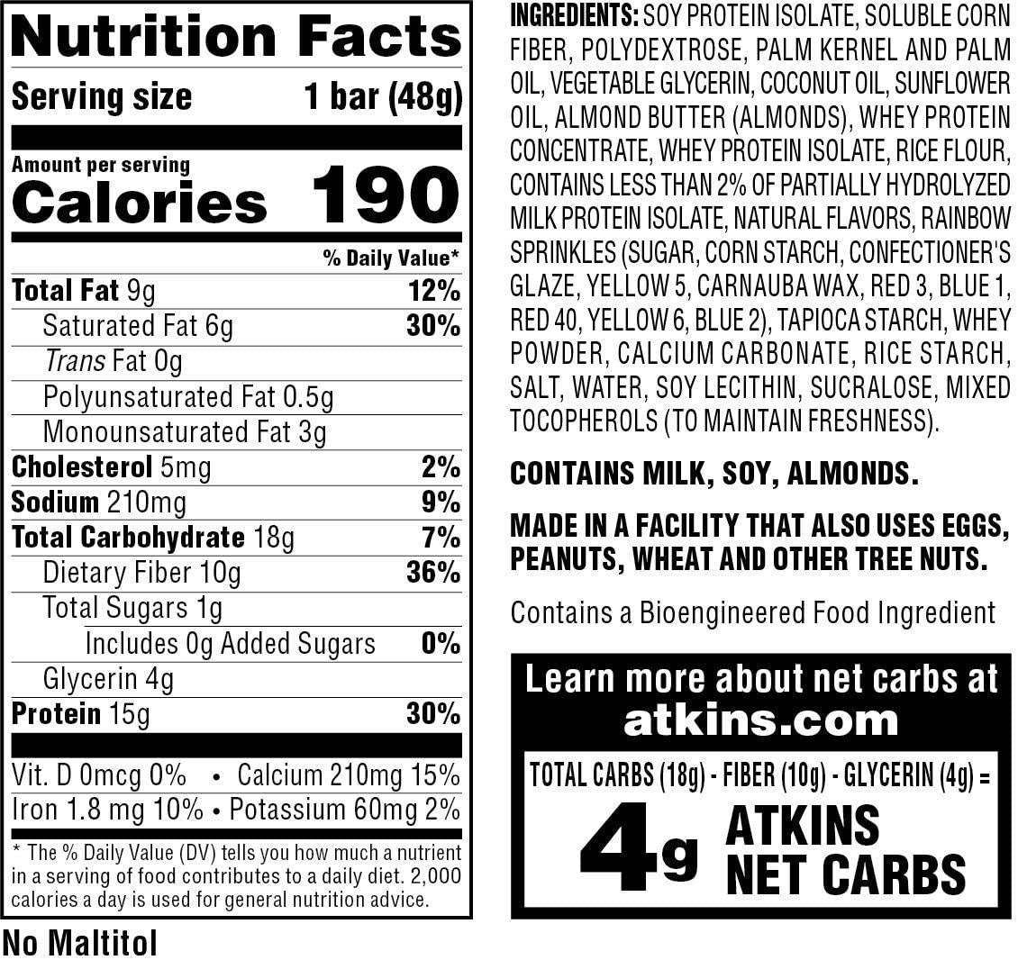 Atkins Birthday Cake Protein Meal Bar. Crispy and Creamy with Real Almond Butter. Keto-Friendly, 5 Count (Pack of 6)