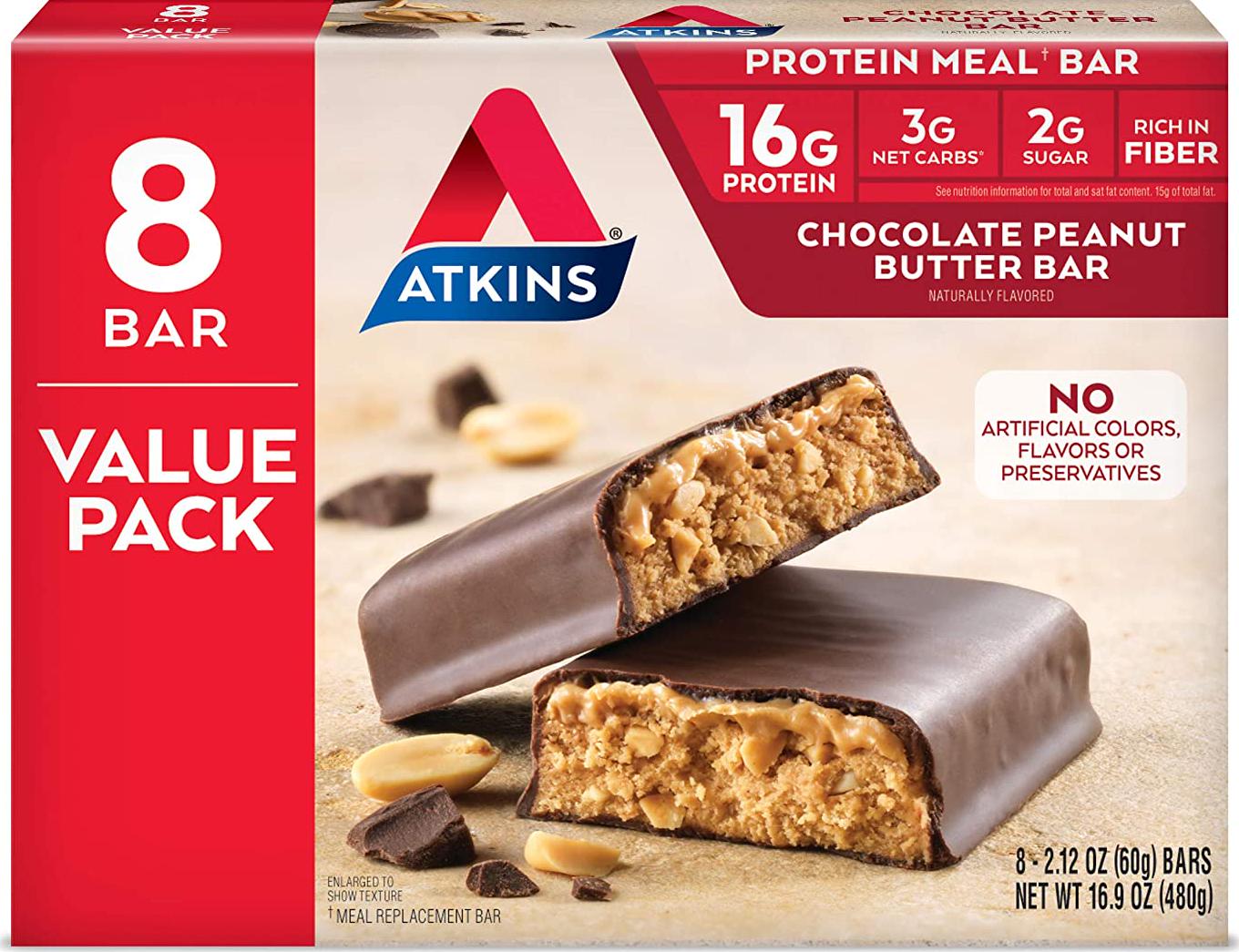 Atkins Chocolate Peanut Butter Protein Meal Bar. Rich in Fiber. Keto-Friendly. Value Pack (8 Bars)