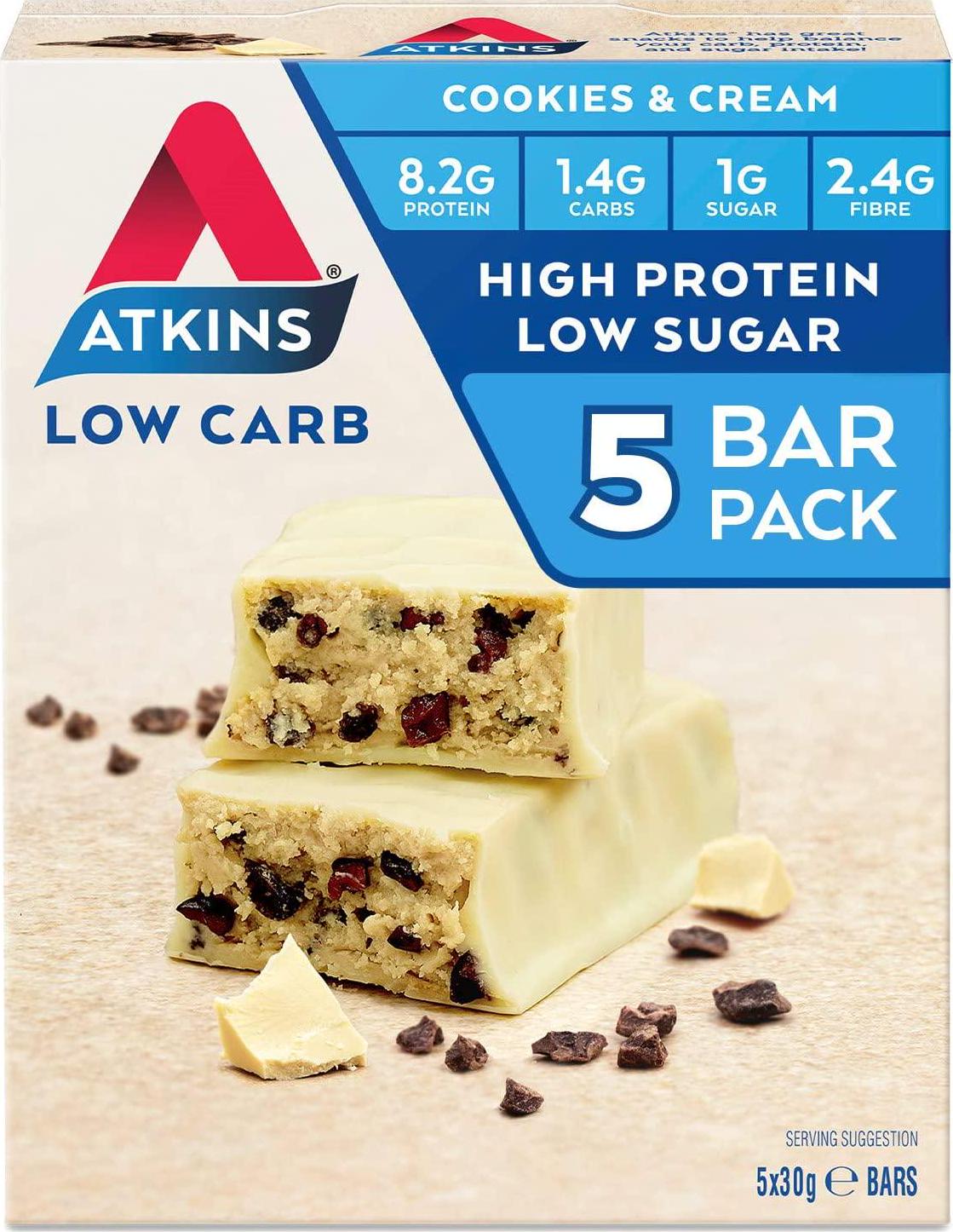 Atkins Cookies and Cream Bars | Keto Friendly Bars | 5 x 30g Low Carb Cream Bars | Low carb, Low Sugar, High Protein, High Fibre | 5 Bar Pack