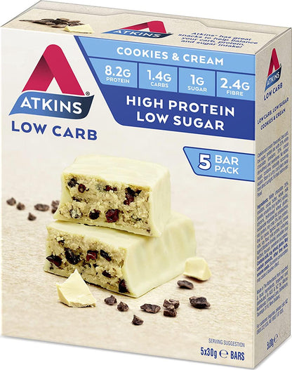 Atkins Cookies and Cream Bars | Keto Friendly Bars | 5 x 30g Low Carb Cream Bars | Low carb, Low Sugar, High Protein, High Fibre | 5 Bar Pack