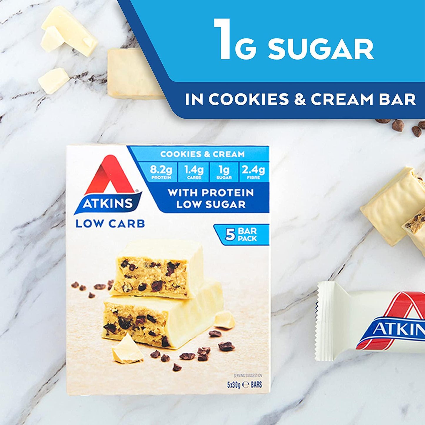 Atkins Cookies and Cream Bars | Keto Friendly Bars | 5 x 30g Low Carb Cream Bars | Low carb, Low Sugar, High Protein, High Fibre | 5 Bar Pack