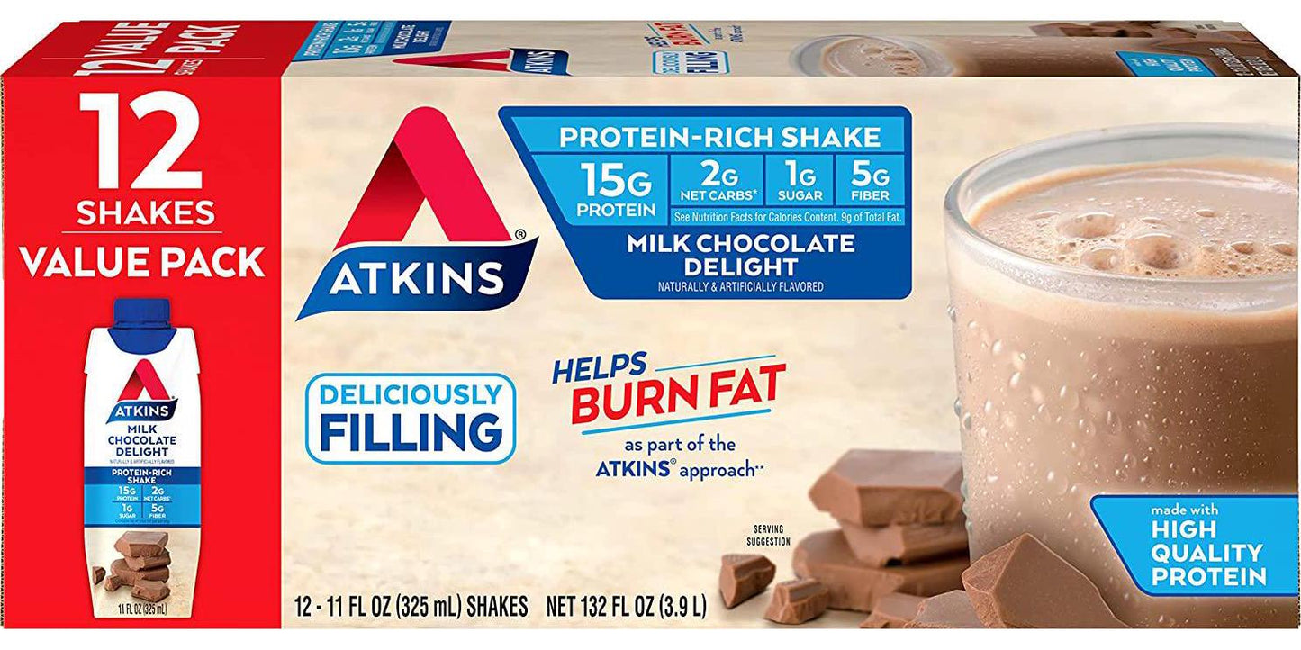 Atkins Gluten Free Protein-Rich Shake, Milk Chocolate Delight, Keto Friendly (Pack of 12), 11 Fl Oz