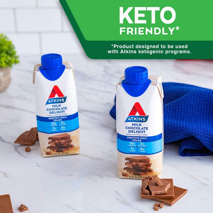 Atkins Gluten Free Protein-Rich Shake, Milk Chocolate Delight, Keto Friendly, 8 Count