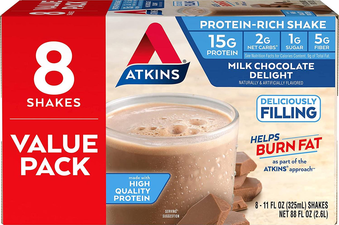 Atkins Gluten Free Protein-Rich Shake, Milk Chocolate Delight, Keto Friendly, 8 Count