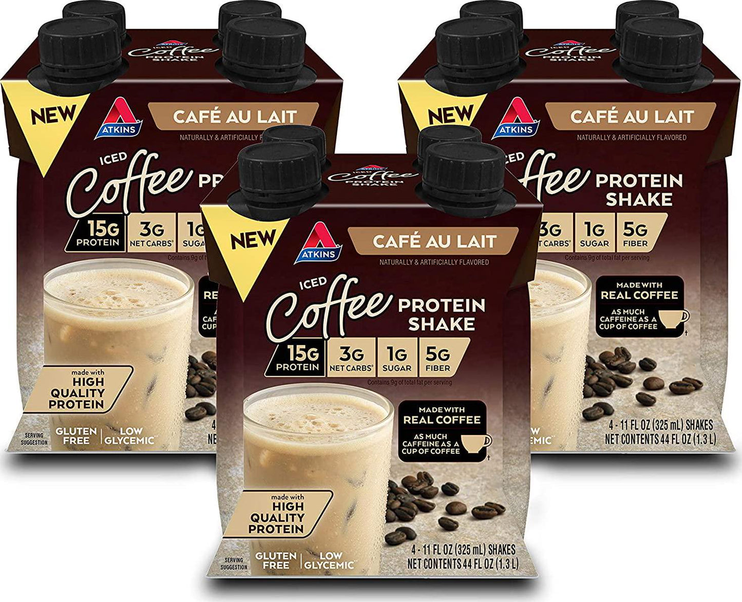 Atkins Iced Coffee Café au Lait Protein Shake, with Coffee and Protein, Keto-Friendly and Gluten Free, (12 Shakes)