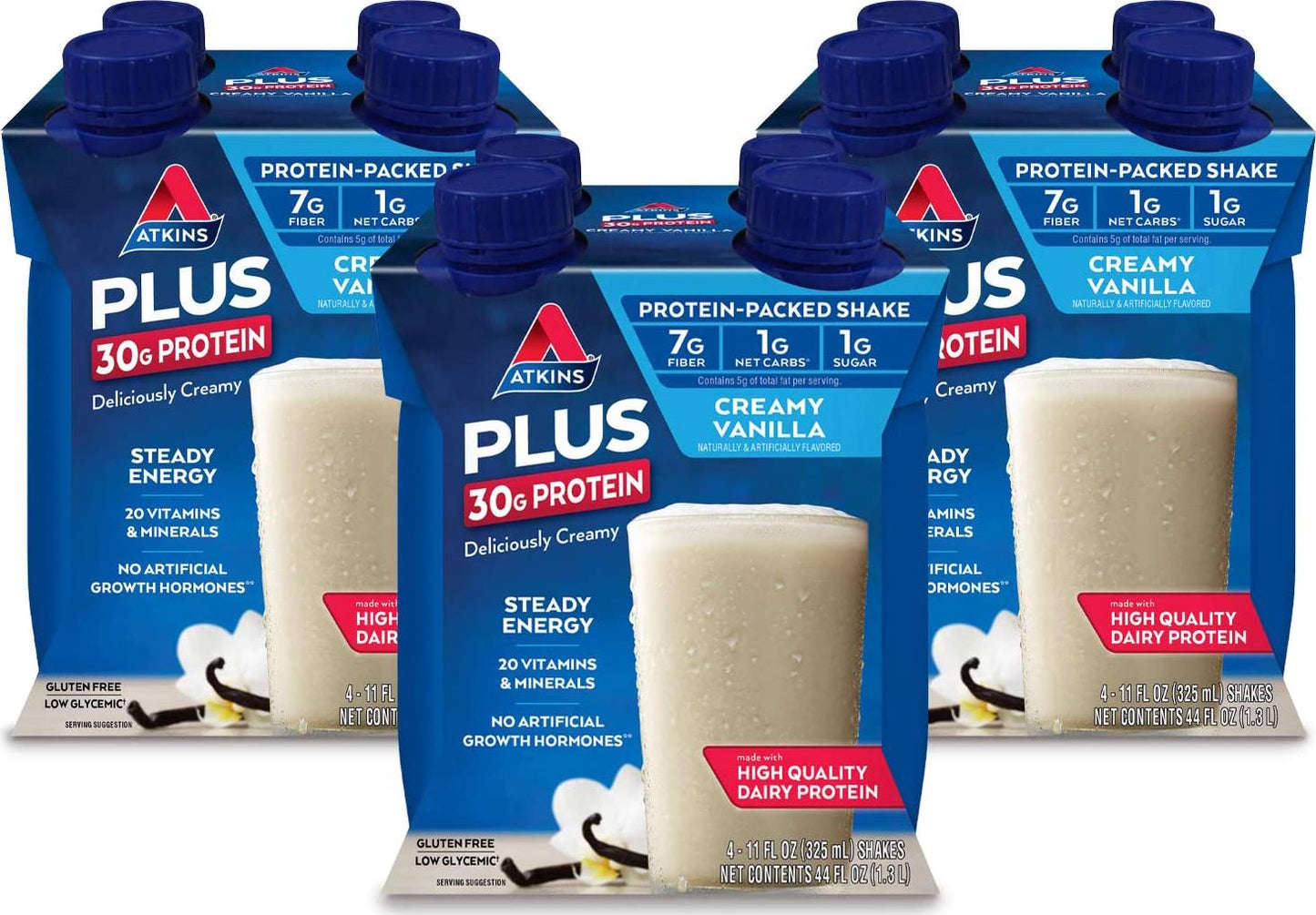 Atkins PLUS Protein-Packed Shake. Creamy Vanilla with 30 Grams of High-Quality Protein. Keto-Friendly and Gluten Free. (12 Shakes)