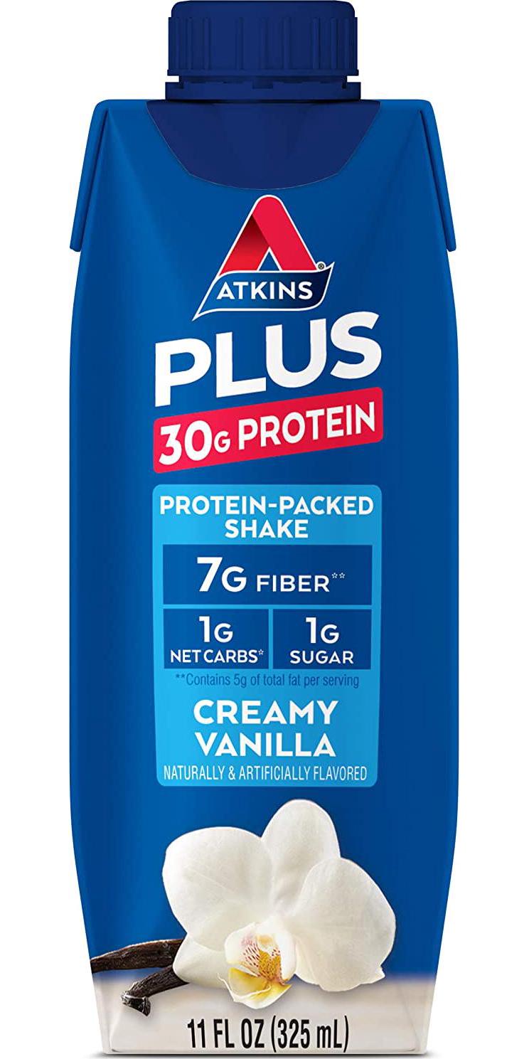 Atkins PLUS Protein-Packed Shake. Creamy Vanilla with 30 Grams of High-Quality Protein. Keto-Friendly and Gluten Free. (12 Shakes)