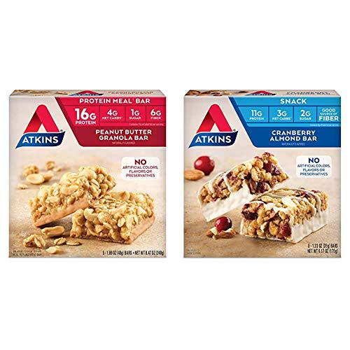 Atkins Protein Meal Bar, Peanut Butter Granola, 5 Count and Atkins Snack Bar, Cranberry Almond, 5 Count