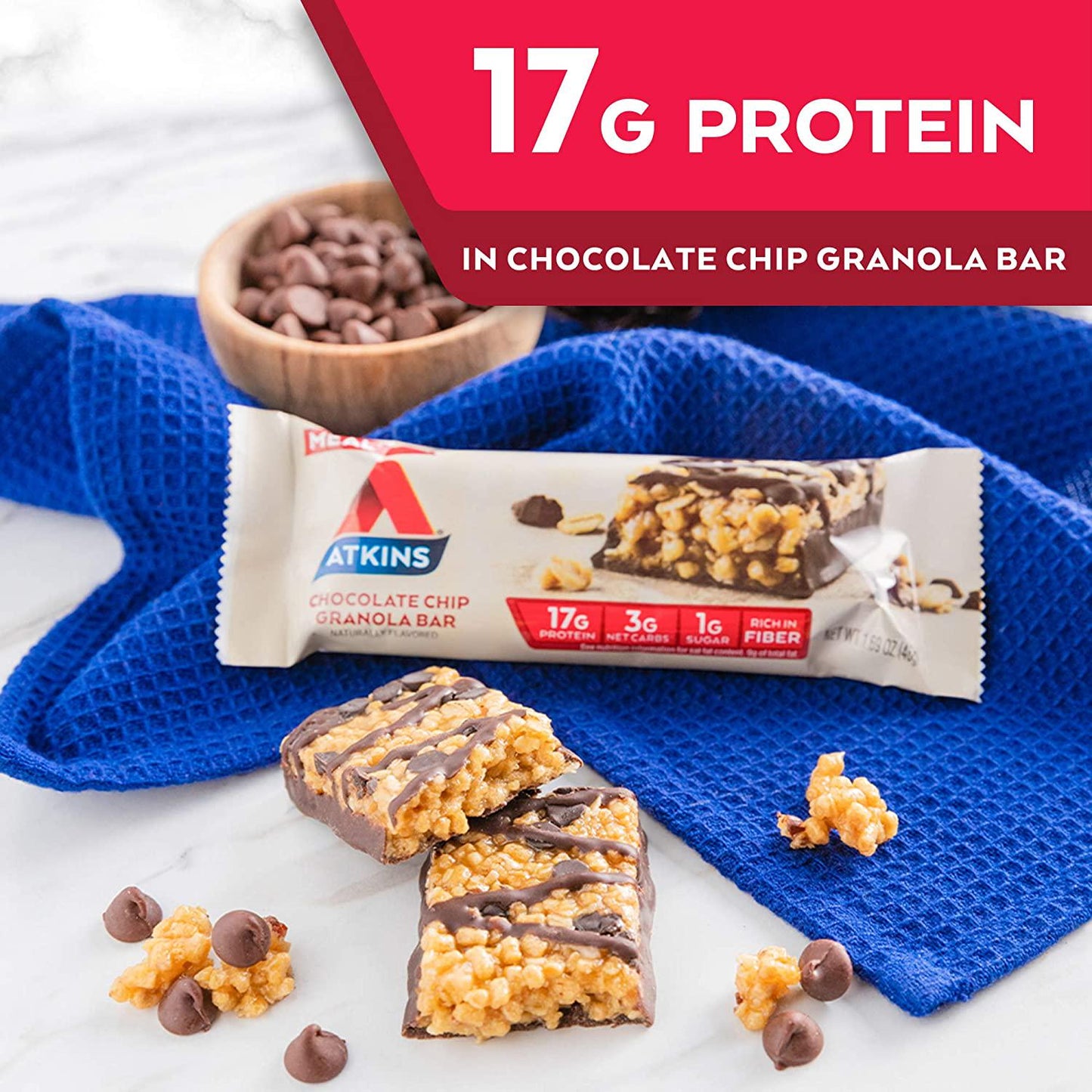 Atkins Protein-Rich Meal Bar, Chocolate Chip Granola, Keto Friendly, 8 Count