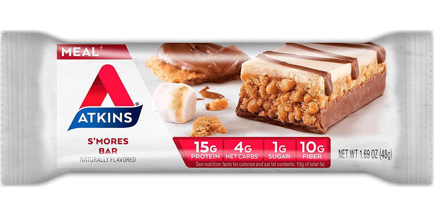 Atkins S'mores Protein Meal Bar. Crispy and Creamy with Real Almond Butter. Keto Friendly. (30 Bars)