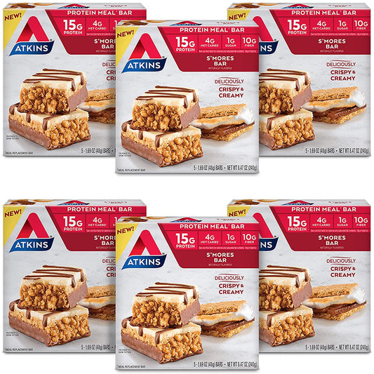 Atkins S'mores Protein Meal Bar. Crispy and Creamy with Real Almond Butter. Keto Friendly. (30 Bars)