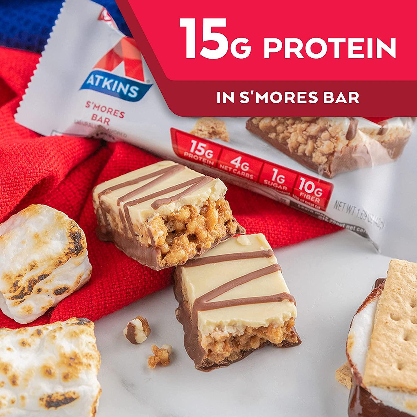 Atkins S'mores Protein Meal Bar. Crispy and Creamy with Real Almond Butter. Keto Friendly. (30 Bars)