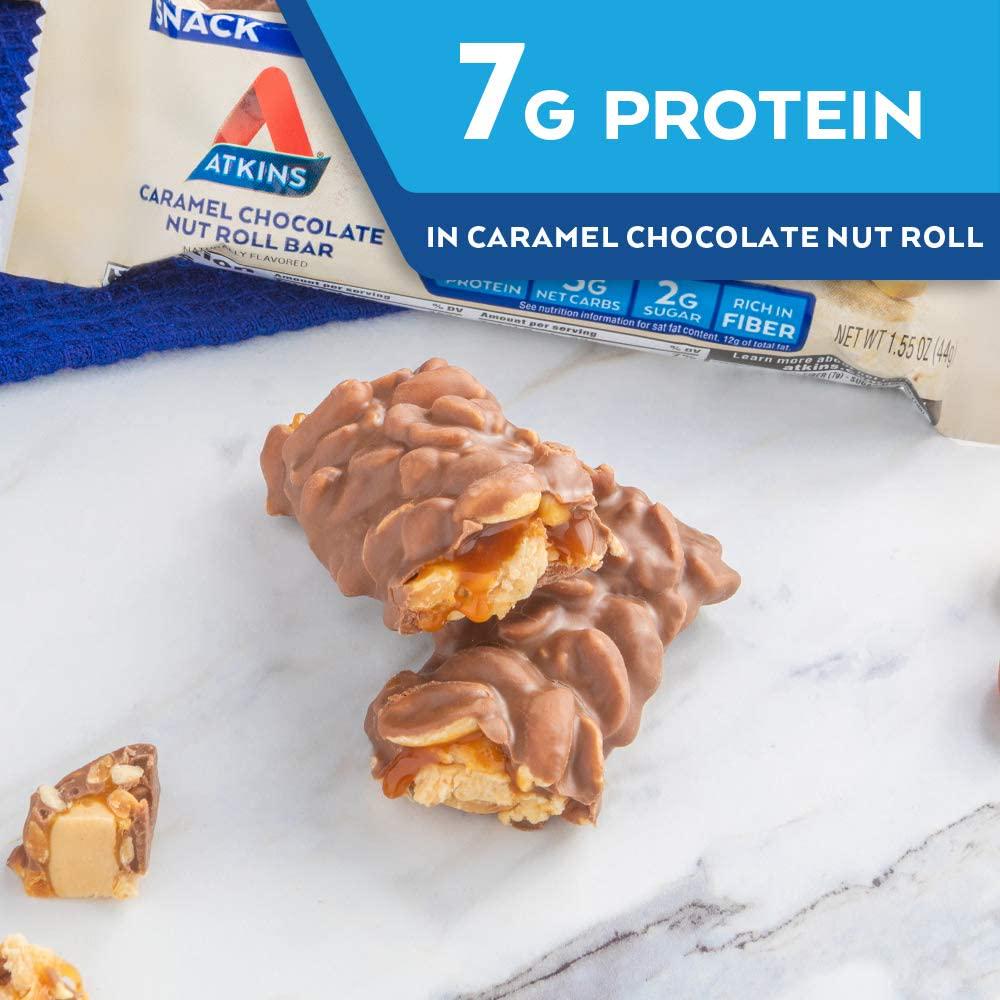 Atkins Snack Bar, Caramel Chocolate Nut Roll, Keto Friendly, 1.55 Ounce (5 Bars)