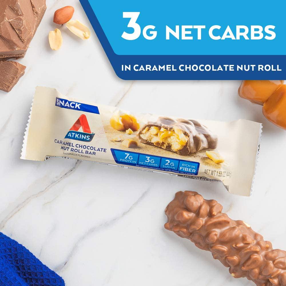 Atkins Snack Bar, Caramel Chocolate Nut Roll, Keto Friendly, 1.55 Ounce (5 Bars)