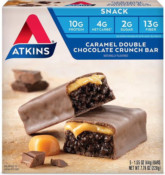 Atkins Snack Bar, Caramel Double Chocolate Crunch, Keto Friendly, 7.76 Ounce, Silver, 5 Count (Pack of 1) (305211)