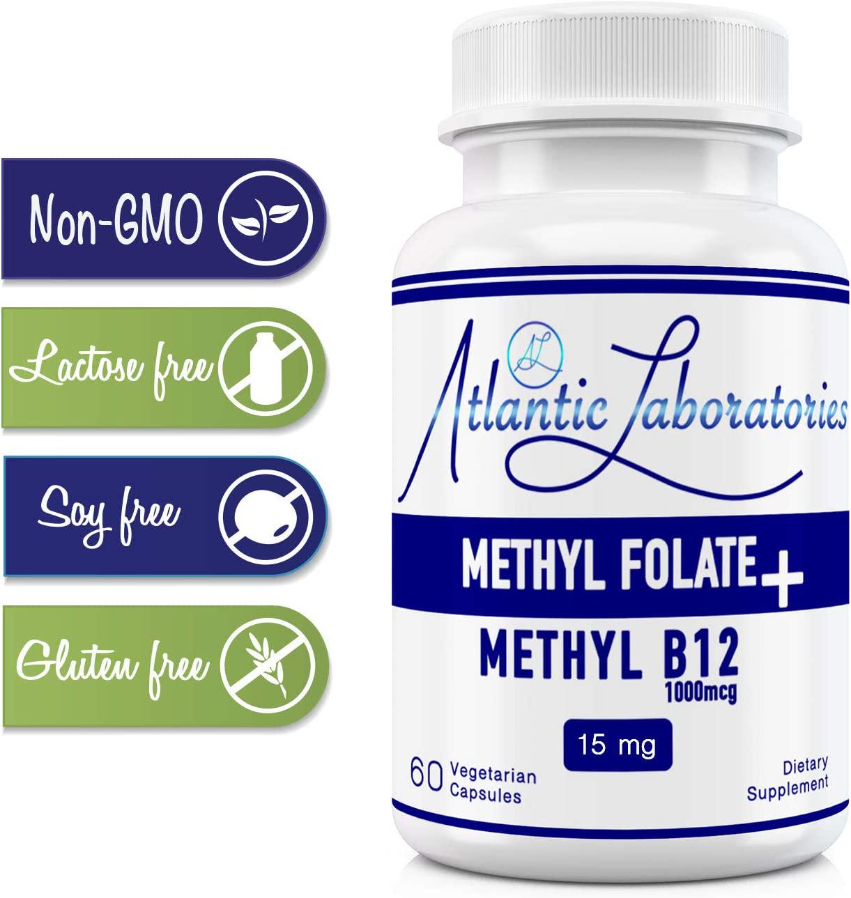 Atlantic Laboratories (5-MTHF) L-Methylfolate 15 mg + B 12 (15000 mcg + 1000 mcg) 60 Vegetarian Capsules - Professional Strength Active Folate, Filler and Gluten Free, Non-GMO