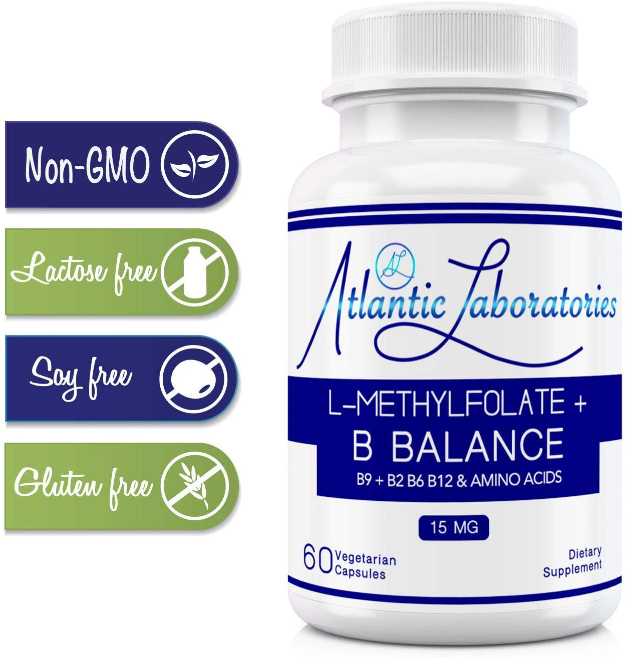 Atlantic Laboratories L-Methylfolate 15 mg B9 + B2 B6 B12 Methylated Cofactors and Essential Amino Acids - Active Folate Glycine for Brain, Heart and Fetal Health, 60 Count (2 Month Supply) (15 mg)