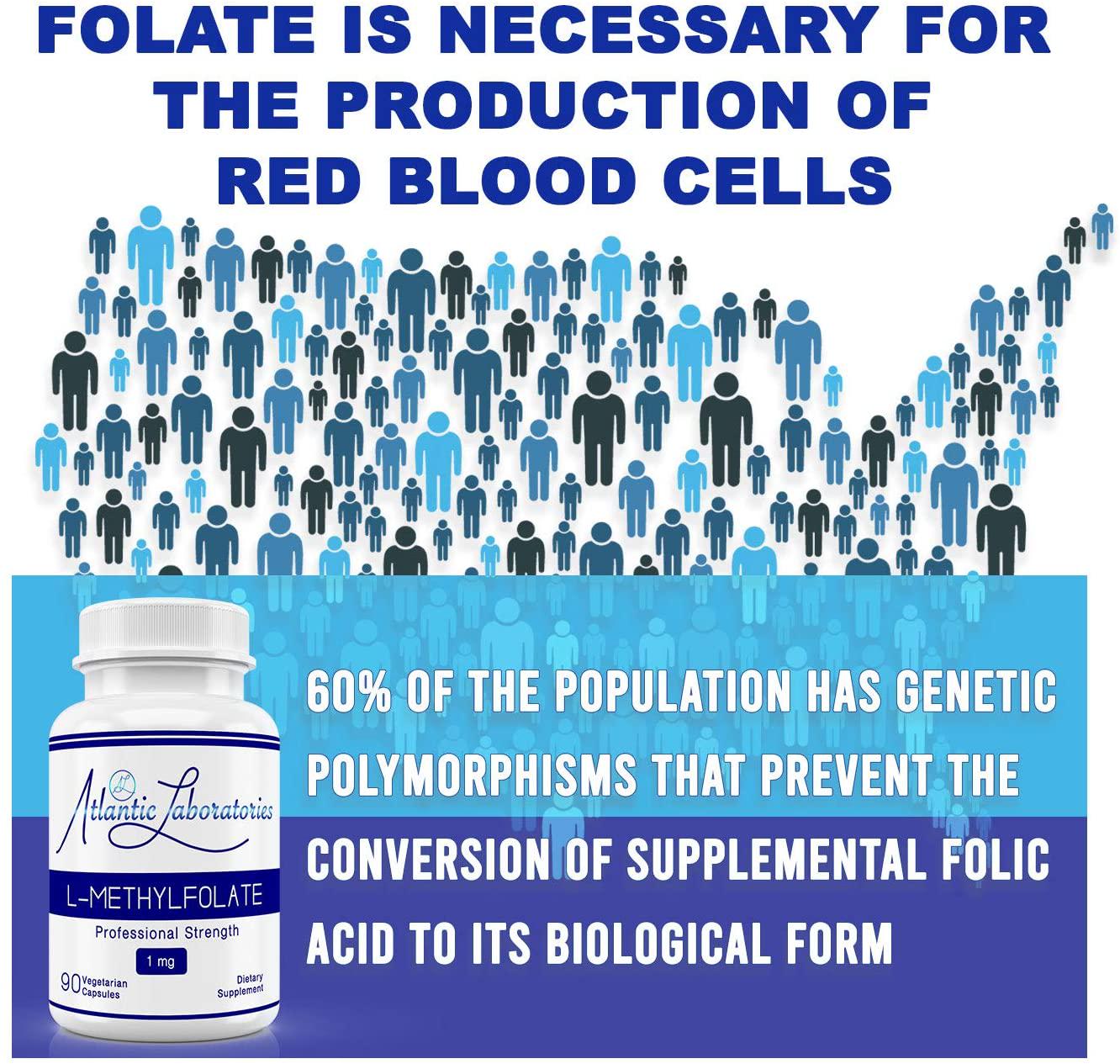 Atlantic Laboratories (5-MTHF) L-Methylfolate 1 mg - 1000 mcg - 90 Vegetarian Capsules - Professional Strength Active Folate, Filler and Gluten Free, Non-GMO