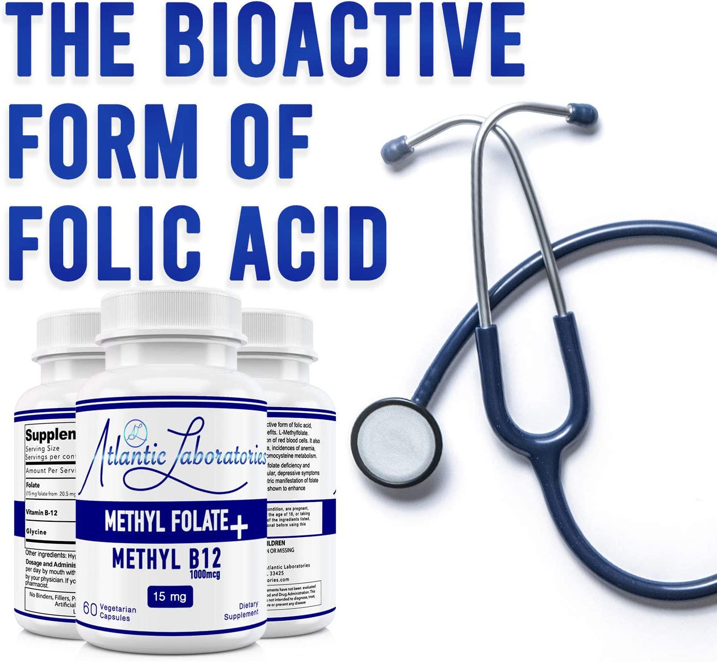 Atlantic Laboratories (5-MTHF) L-Methylfolate 15 mg + B 12 (15000 mcg + 1000 mcg) 60 Vegetarian Capsules - Professional Strength Active Folate, Filler and Gluten Free, Non-GMO