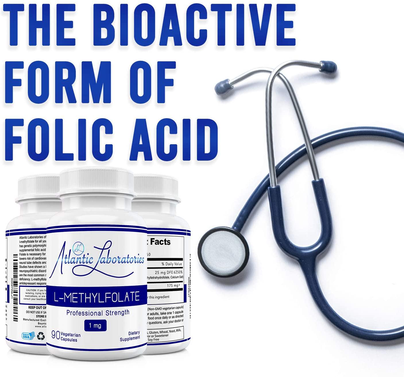 Atlantic Laboratories (5-MTHF) L-Methylfolate 1 mg - 1000 mcg - 90 Vegetarian Capsules - Professional Strength Active Folate, Filler and Gluten Free, Non-GMO