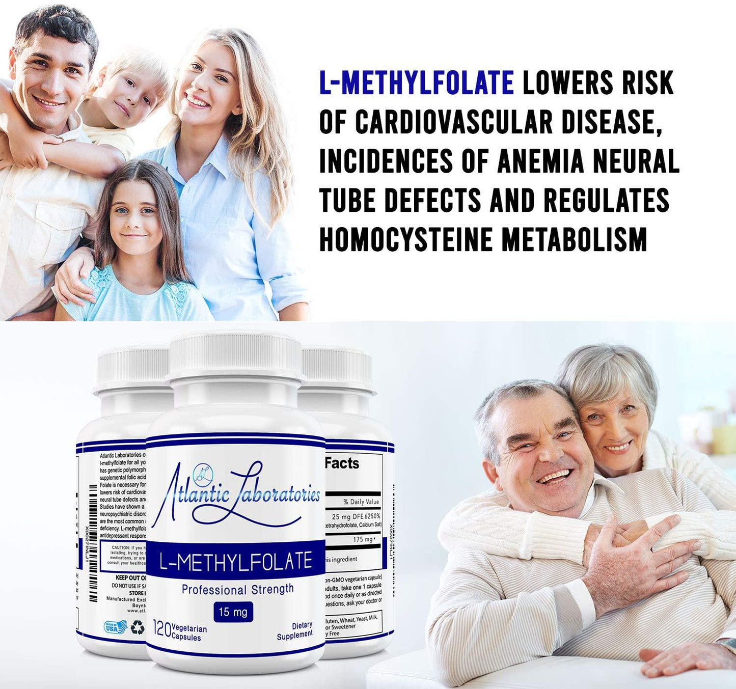 Atlantic Laboratories (5-MTHF) L-Methylfolate 15 mg - 15000 mcg - 120 Vegetarian Capsules - Professional Strength Active Folate Non-GMO