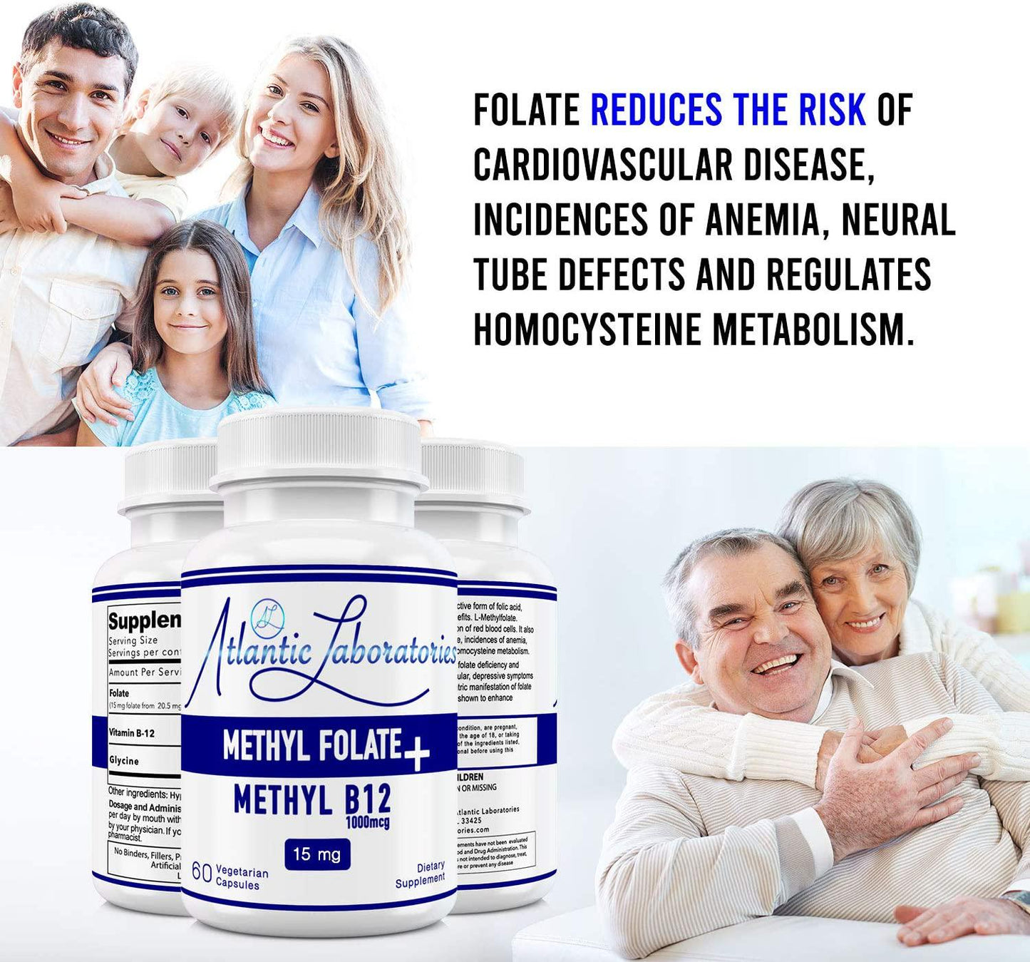 Atlantic Laboratories (5-MTHF) L-Methylfolate 15 mg + B 12 (15000 mcg + 1000 mcg) 60 Vegetarian Capsules - Professional Strength Active Folate, Filler and Gluten Free, Non-GMO