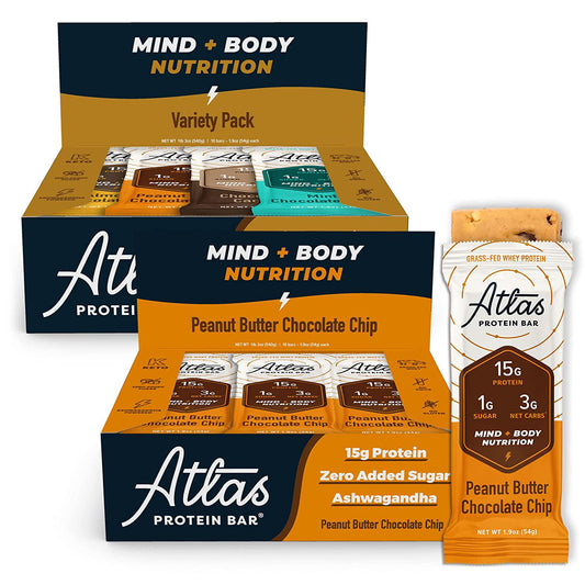 Atlas Mind + Body Keto Protein Bar - PB Chocolate Chip + Ultimate Variety Keto Bars - Low Carb Protein Bars - High Fiber Bars - Low Sugar Meal Replacement Bars - Organic Ashwagandha (20 Count)