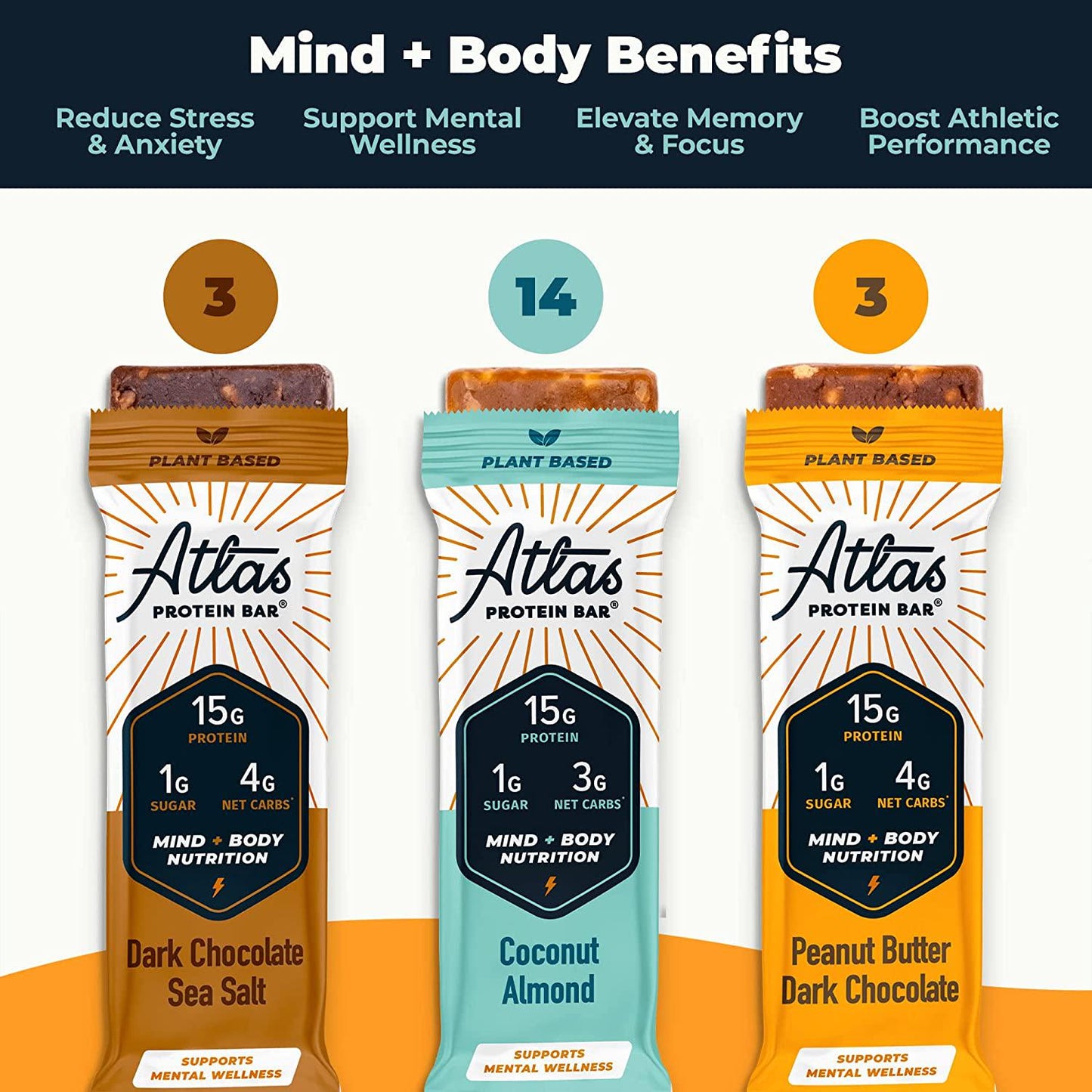 Atlas Mind + Body Keto Protein Bars - Coconut Almond + Variety Bars - Low Carb Protein Bars - High Fiber Vegan Bars and Low Sugar Meal Replacement Bars - Vegan Snacks - Organic Ashwagandha (20 Count)