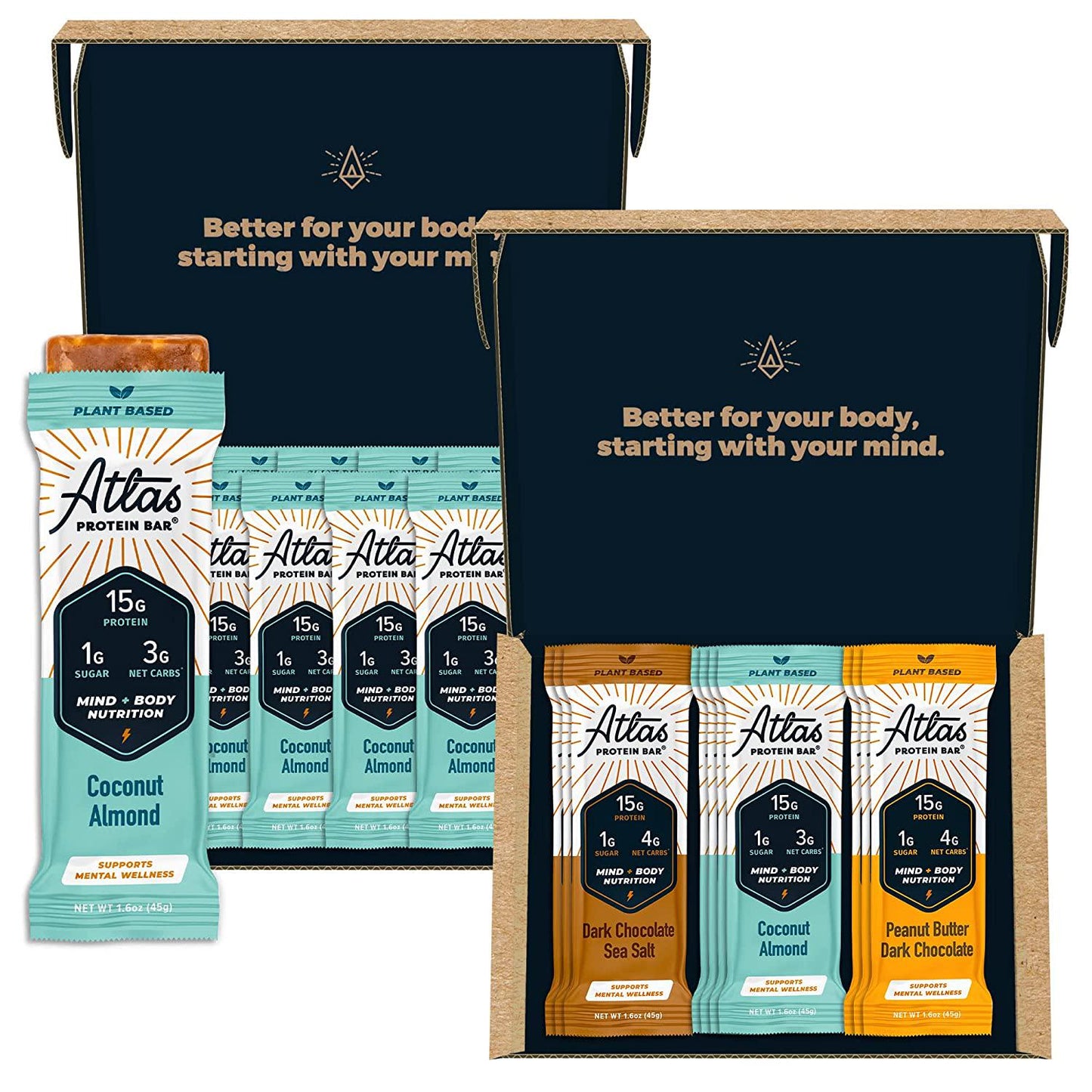 Atlas Mind + Body Keto Protein Bars - Coconut Almond + Variety Bars - Low Carb Protein Bars - High Fiber Vegan Bars and Low Sugar Meal Replacement Bars - Vegan Snacks - Organic Ashwagandha (20 Count)