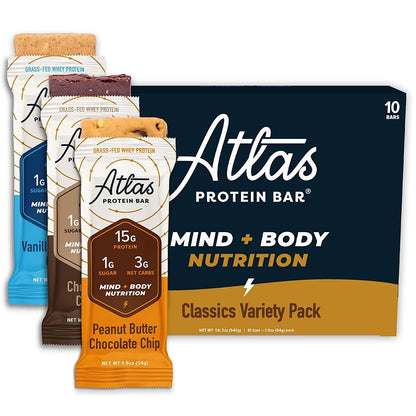 Atlas Mind + Body Keto Protein Bar - Classics Variety Keto Bars - Low Carb Protein Bars - High Fiber Bars - Low Sugar Meal Replacement Bars - Organic Ashwagandha (10-count)