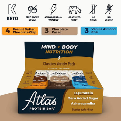 Atlas Mind + Body Keto Protein Bar - Classics Variety Keto Bars - Low Carb Protein Bars - High Fiber Bars - Low Sugar Meal Replacement Bars - Organic Ashwagandha (10-count)