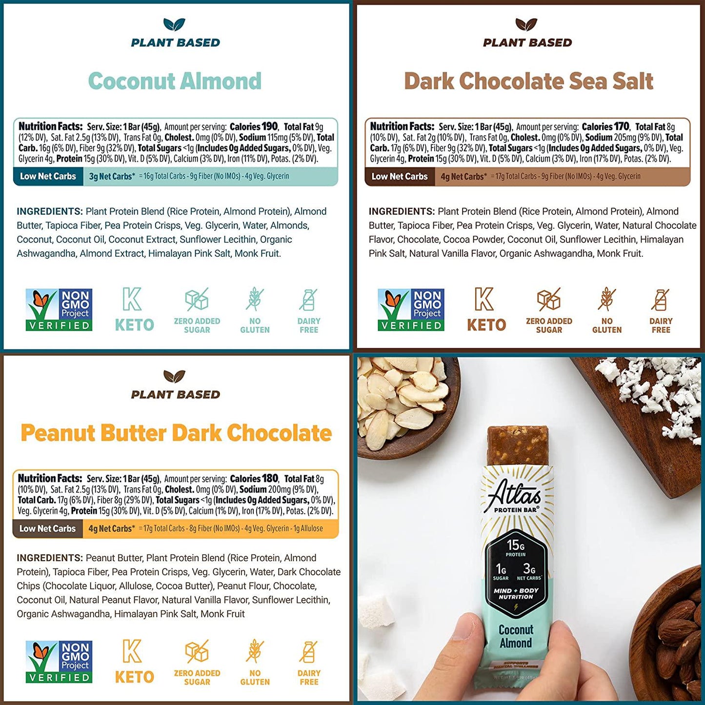 Atlas Mind + Body Keto Protein Bars - Coconut Almond + Variety Bars - Low Carb Protein Bars - High Fiber Vegan Bars and Low Sugar Meal Replacement Bars - Vegan Snacks - Organic Ashwagandha (20 Count)