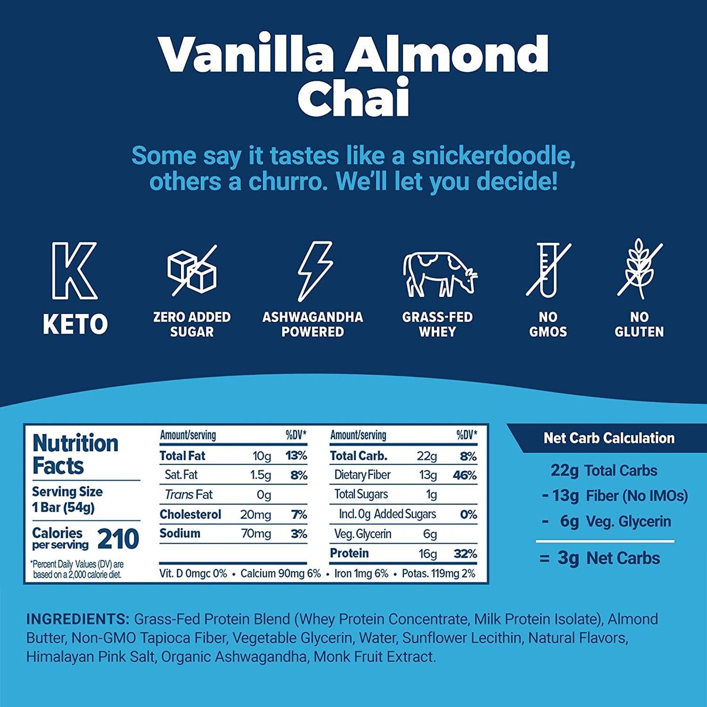 Atlas Protein Bar, Meal Replacement, Keto-Friendly Snack, Grass-Fed Whey, Organic Ashwagandha, Low Sugar, Low Carb, Gluten Free, 10 pack, Vanilla Almond Chai