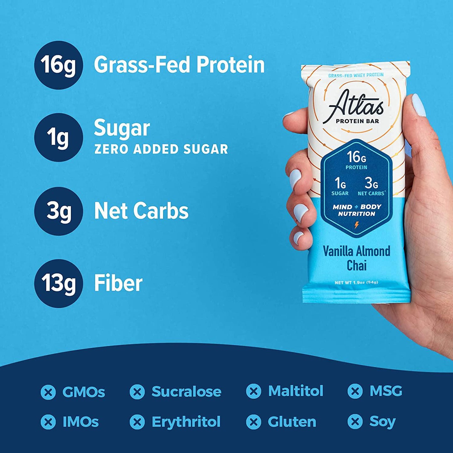 Atlas Protein Bar, Meal Replacement, Keto-Friendly Snack, Grass-Fed Whey, Organic Ashwagandha, Low Sugar, Low Carb, Gluten Free, 10 pack, Vanilla Almond Chai