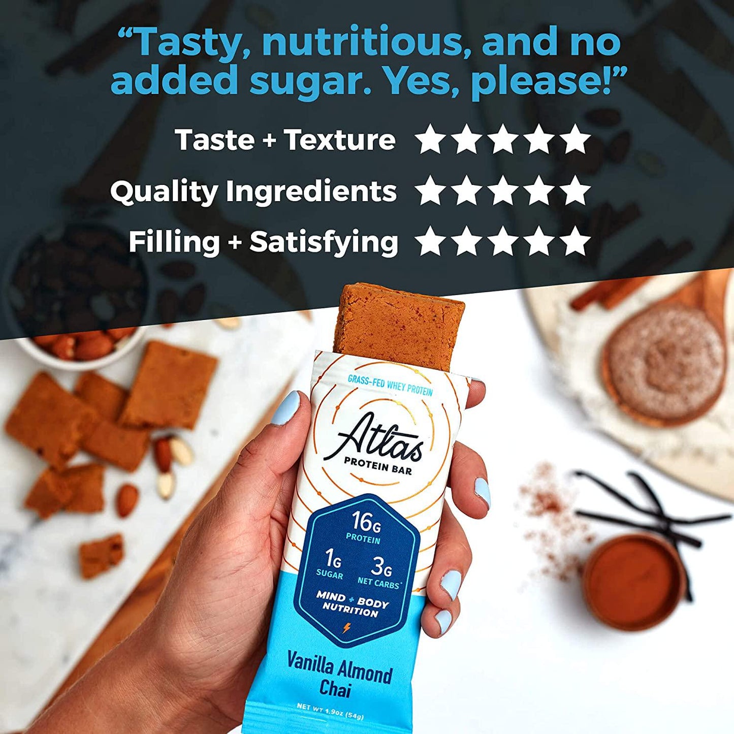 Atlas Protein Bar, Meal Replacement, Keto-Friendly Snack, Grass-Fed Whey, Organic Ashwagandha, Low Sugar, Low Carb, Gluten Free, 10 pack, Vanilla Almond Chai