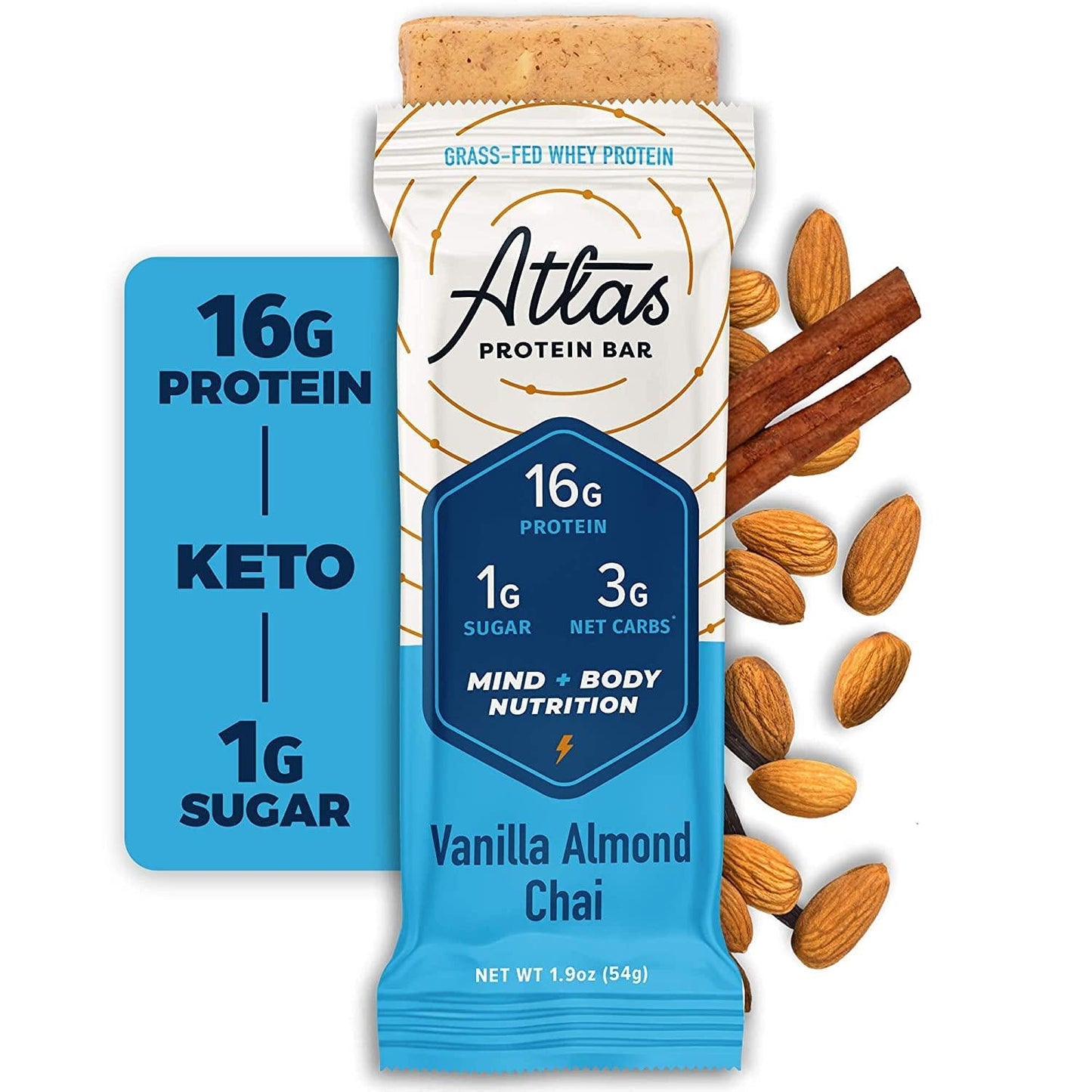 Atlas Protein Bar, Meal Replacement, Keto-Friendly Snack, Grass-Fed Whey, Organic Ashwagandha, Low Sugar, Low Carb, Gluten Free, 10 pack, Vanilla Almond Chai