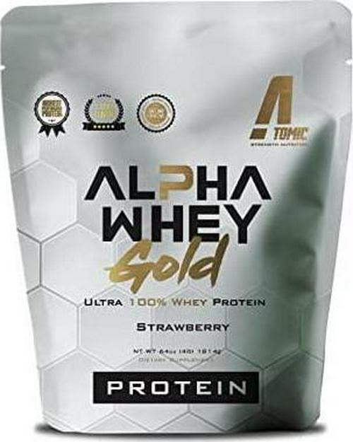 Atomic Strength Nutrition Alpha Whey Gold Ultra 100% Whey Protein Strawberry Easy to Digest Meal Replacement Sugar Free, Fat Free, Gluten Free, Lactose Free 4lb.