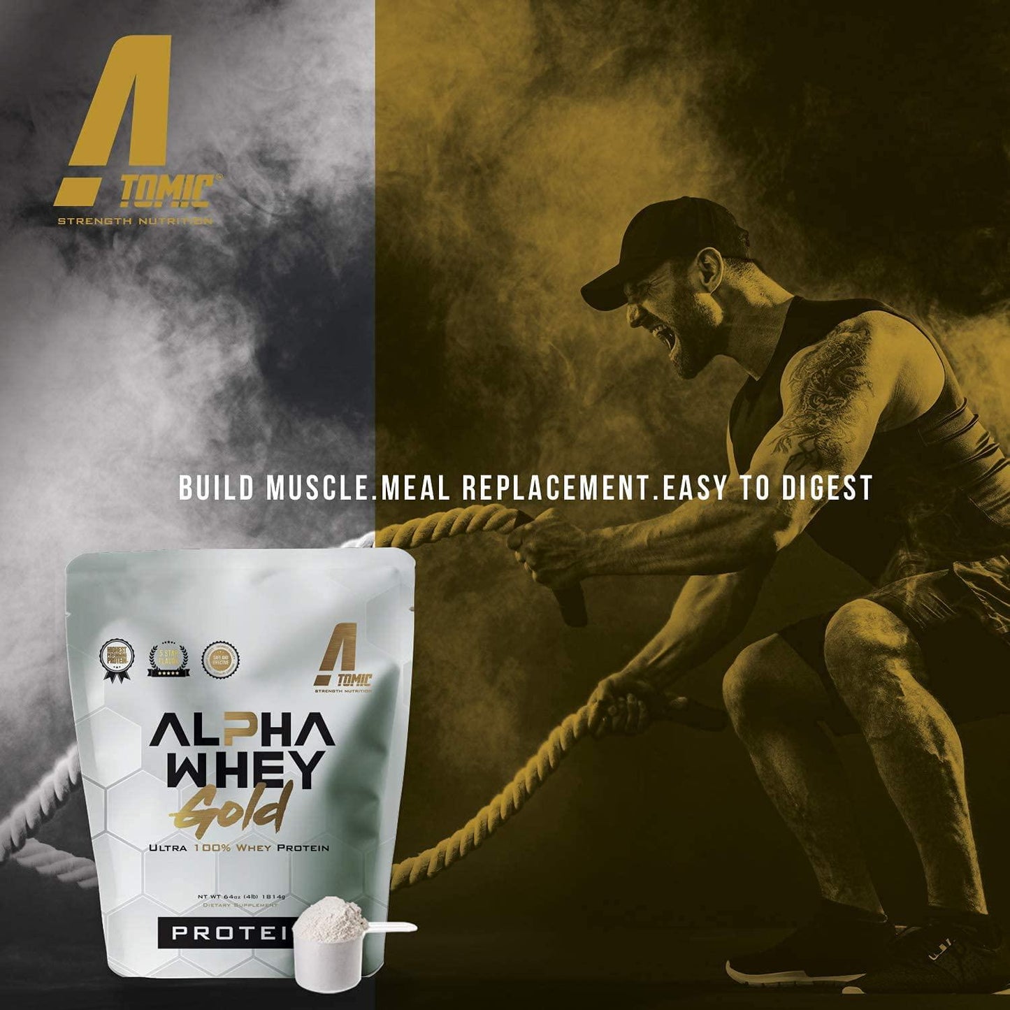 Atomic Strength Nutrition Alpha Whey Gold Ultra 100% Whey Protein Strawberry Easy to Digest Meal Replacement Sugar Free, Fat Free, Gluten Free, Lactose Free 4lb.