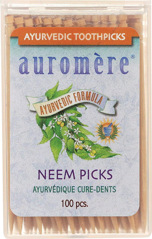 Auromere Ayurvedic Neem Toothpicks - Vegan, Natural, Non GMO, Made from Birchwood (100 Count) (1 Pack)