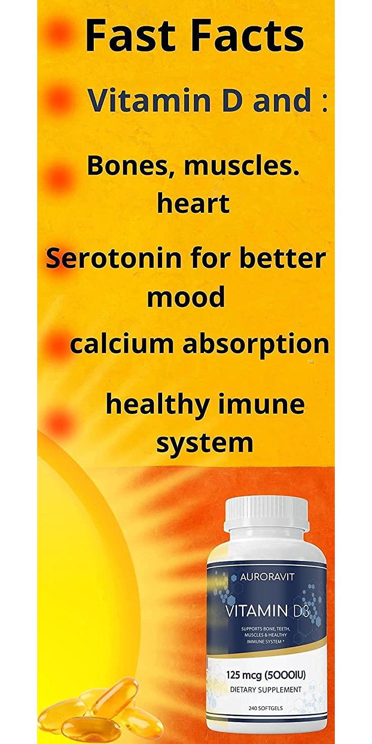 AuroraVit Vitamin d3 5000 IU Organic Softgels Vegan Vitamin D3 Supplements Great for Natural Immune Support Heart Function Healthy Teeth and Bones Immune System Helps in Serotonin Level and Better Mood