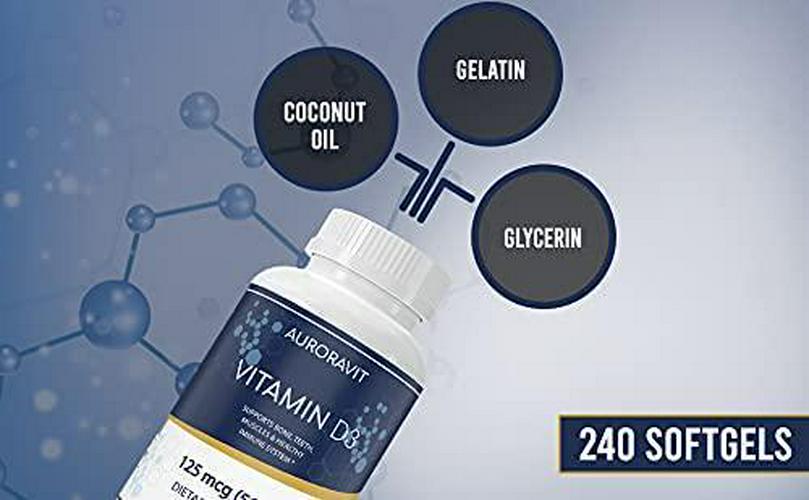 AuroraVit Vitamin d3 5000 IU Organic Softgels Vegan Vitamin D3 Supplements Great for Natural Immune Support Heart Function Healthy Teeth and Bones Immune System Helps in Serotonin Level and Better Mood