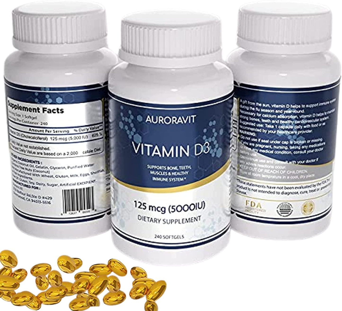 AuroraVit Vitamin d3 5000 IU Organic Softgels Vegan Vitamin D3 Supplements Great for Natural Immune Support Heart Function Healthy Teeth and Bones Immune System Helps in Serotonin Level and Better Mood